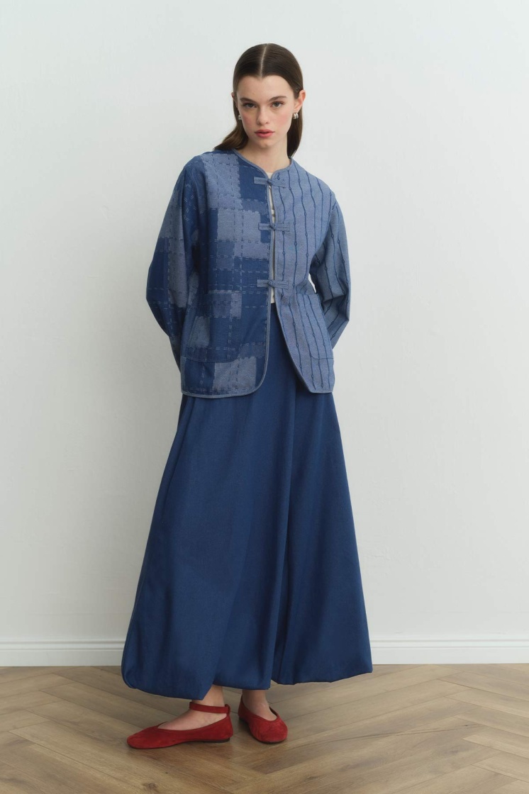 Denim Dokulu Balon Mavi Etek