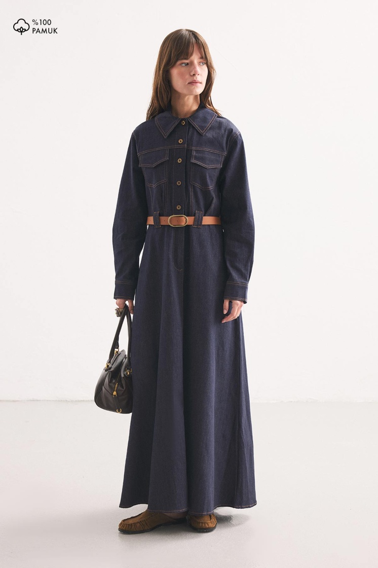 Denim Görünümlü Kemerli Lacivert Elbise