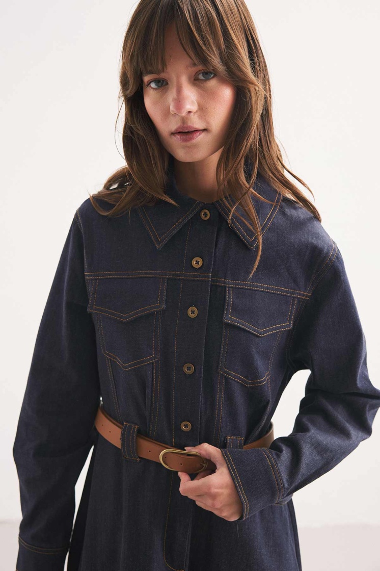 Denim Görünümlü Kemerli Lacivert Elbise