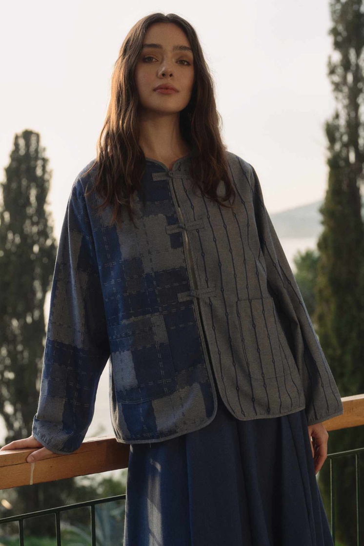 Desenli Denim Dokulu Mavi Ceket