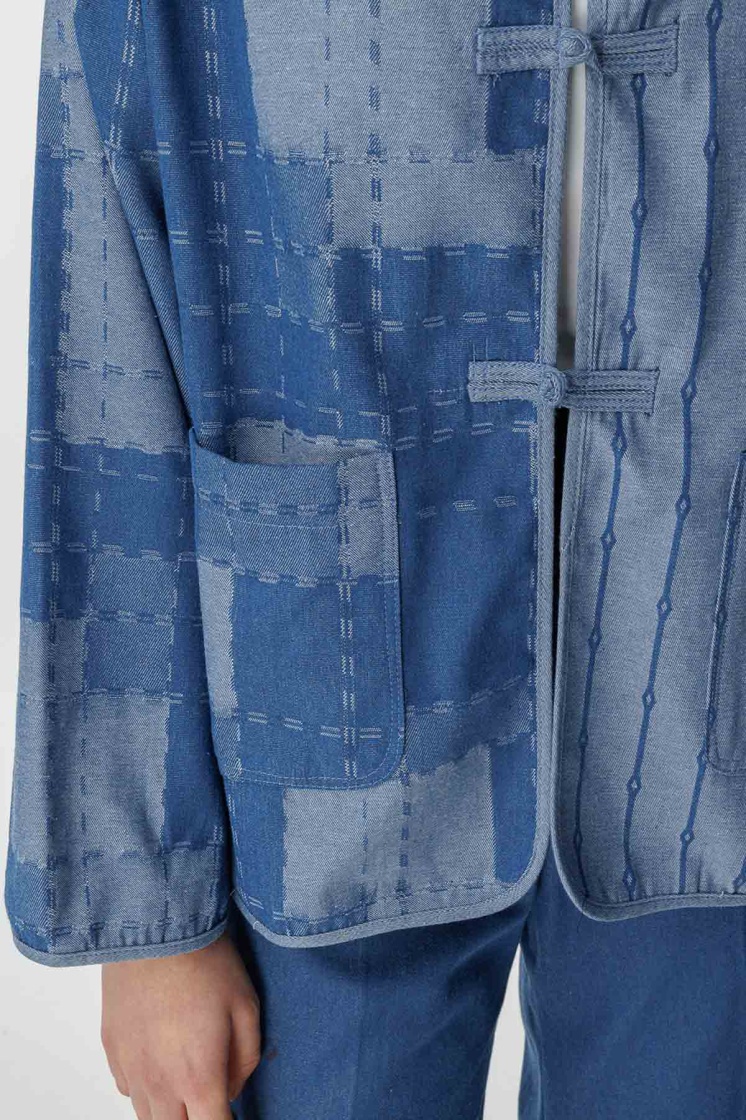 Desenli Denim Dokulu Mavi Ceket