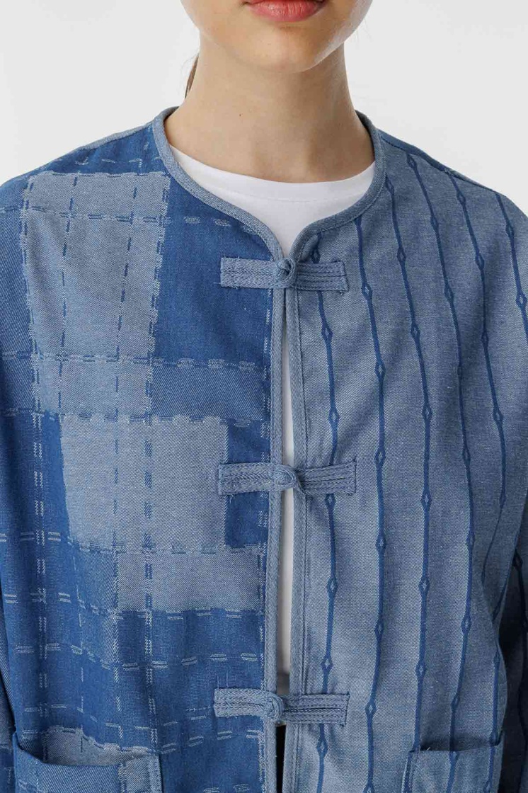Desenli Denim Dokulu Mavi Ceket