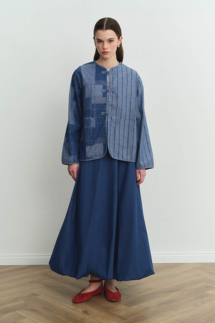 Desenli Denim Dokulu Mavi Ceket