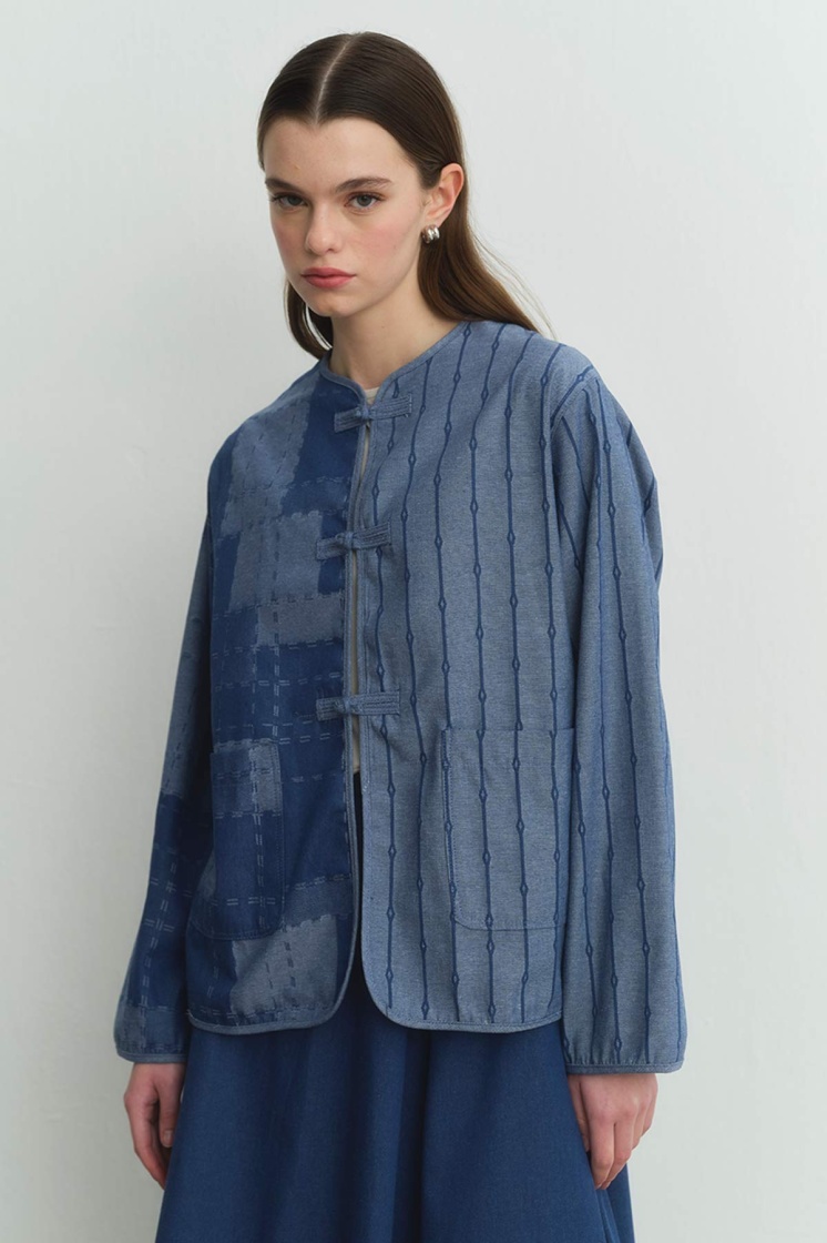 Desenli Denim Dokulu Mavi Ceket