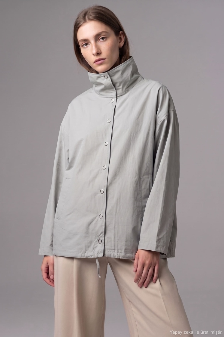 Dik Yaka Çıtçıtlı Oversize Buz Gri Ceket - 4