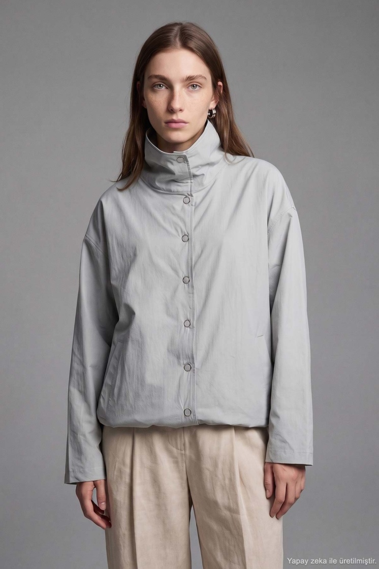 Dik Yaka Çıtçıtlı Oversize Buz Gri Ceket - 3