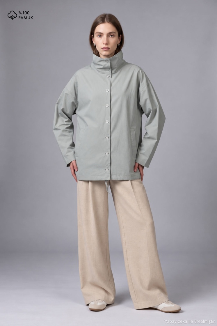 Dik Yaka Çıtçıtlı Oversize Buz Gri Ceket - 2