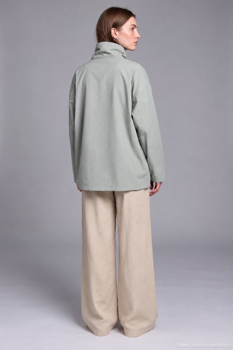 Dik Yaka Çıtçıtlı Oversize Buz Gri Ceket - 7