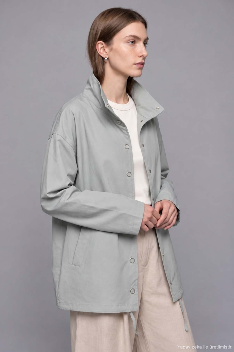 Dik Yaka Çıtçıtlı Oversize Buz Gri Ceket - 6