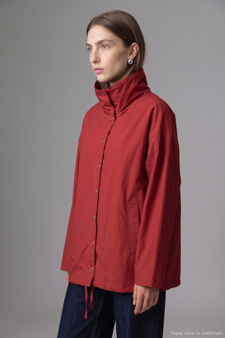 Dik Yaka Çıtçıtlı Oversize Kırmızı Ceket - 4
