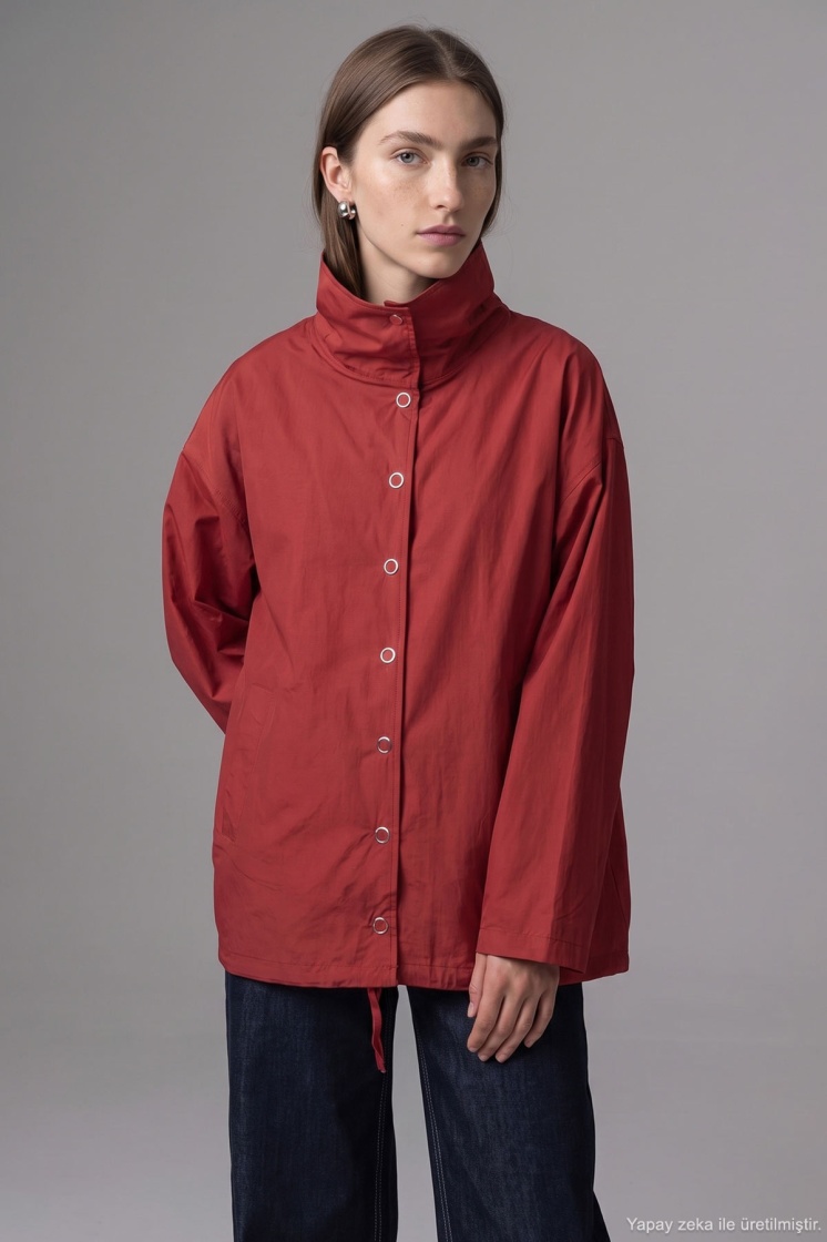 Dik Yaka Çıtçıtlı Oversize Kırmızı Ceket - 2