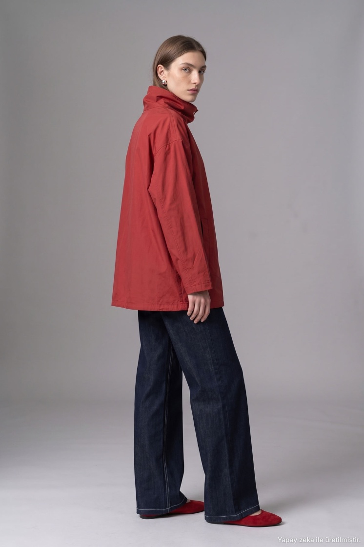 Dik Yaka Çıtçıtlı Oversize Kırmızı Ceket - 5