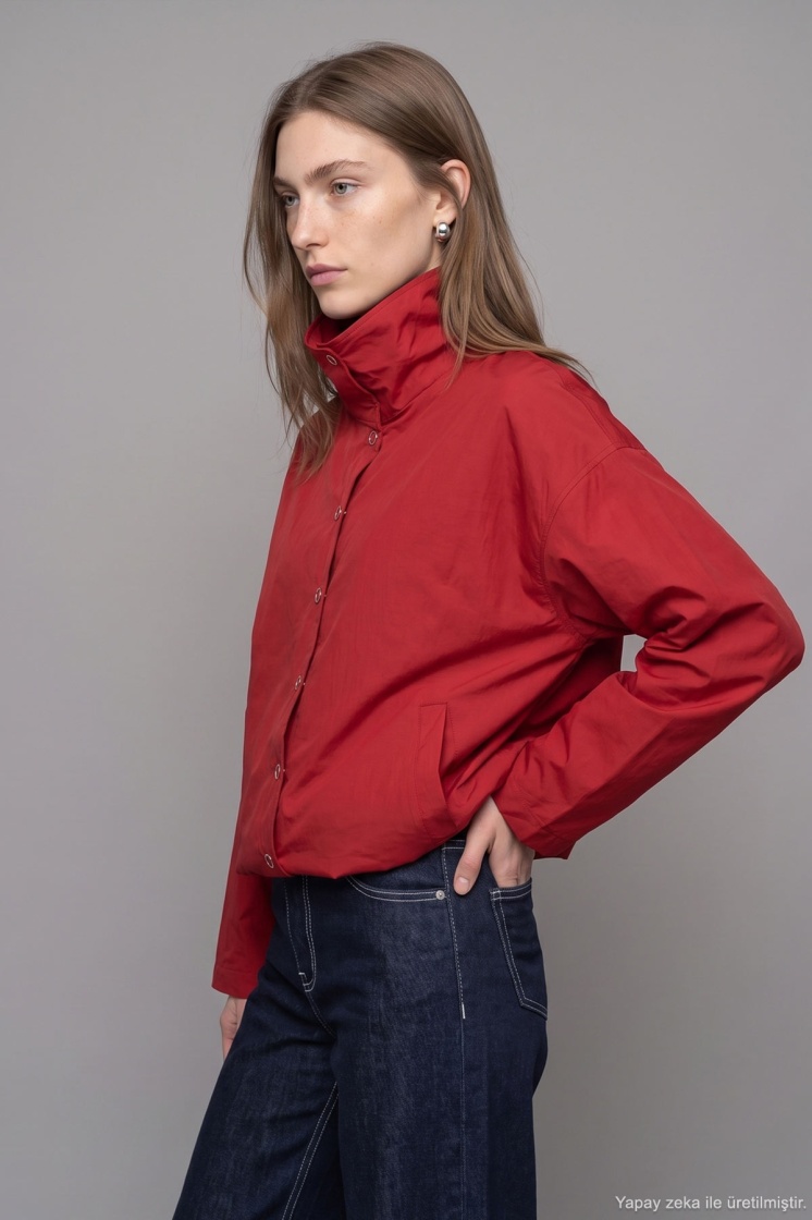 Dik Yaka Çıtçıtlı Oversize Kırmızı Ceket - 3