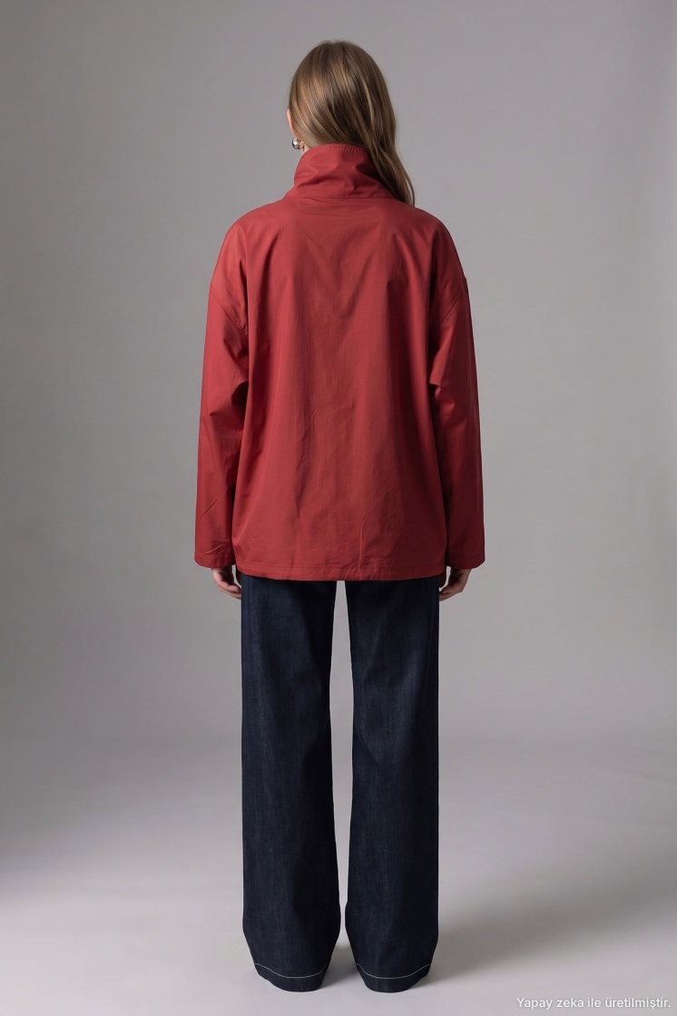 Dik Yaka Çıtçıtlı Oversize Kırmızı Ceket - 6