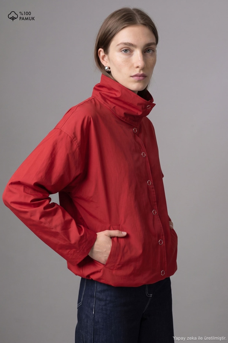 Dik Yaka Çıtçıtlı Oversize Kırmızı Ceket - 1