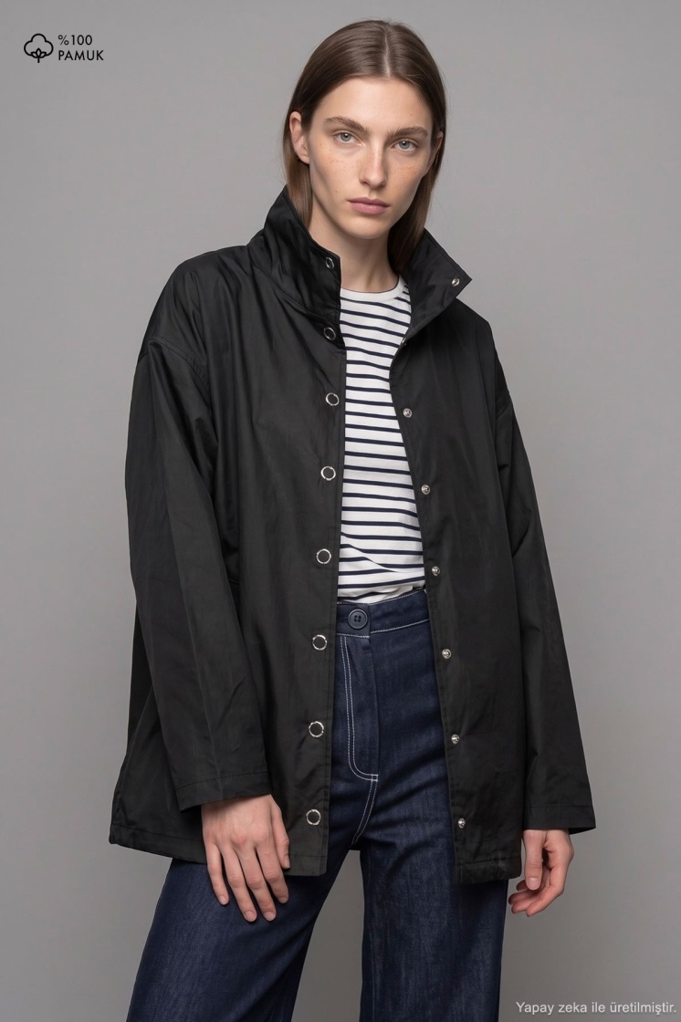 Dik Yaka Çıtçıtlı Oversize Siyah Ceket - 1