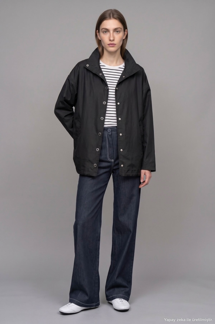 Dik Yaka Çıtçıtlı Oversize Siyah Ceket - 2