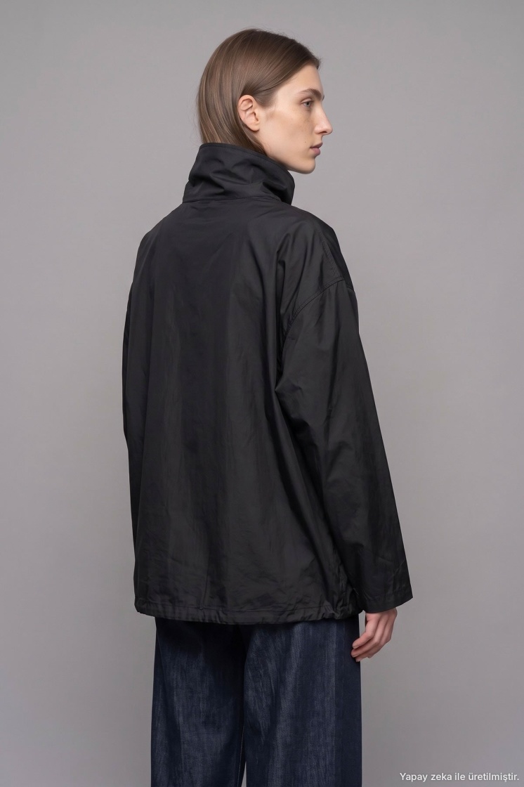 Dik Yaka Çıtçıtlı Oversize Siyah Ceket - 7