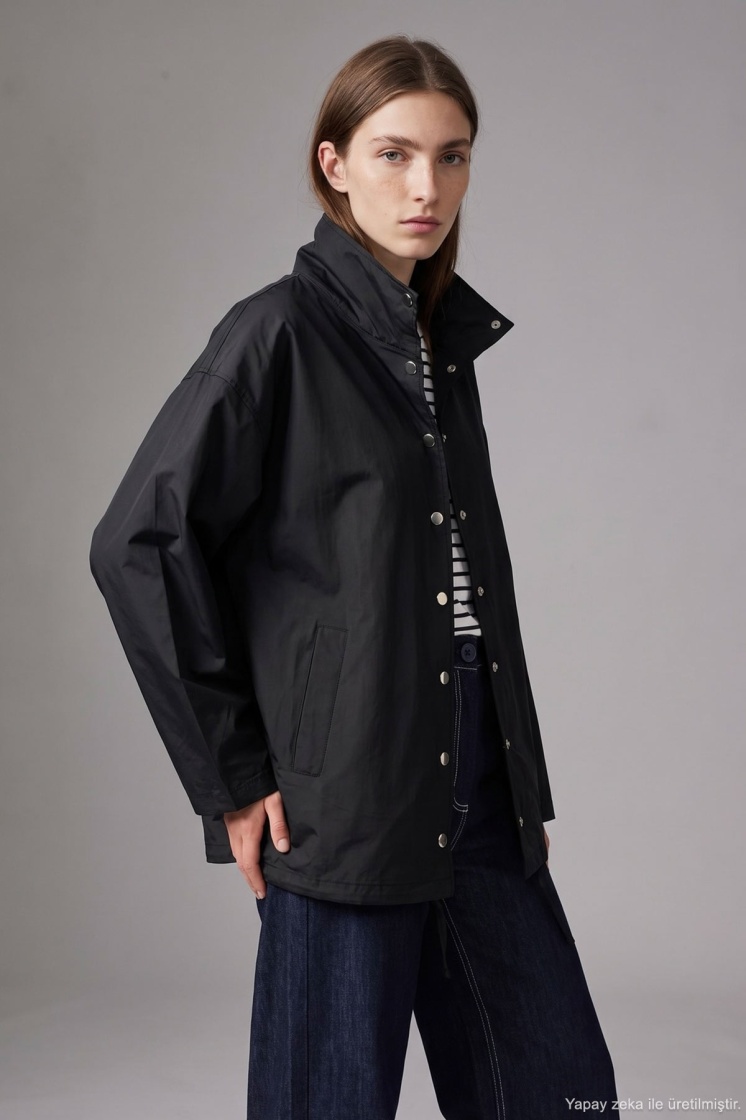 Dik Yaka Çıtçıtlı Oversize Siyah Ceket - 6