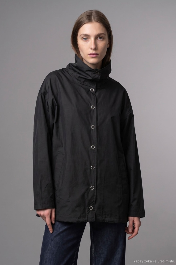 Dik Yaka Çıtçıtlı Oversize Siyah Ceket - 3