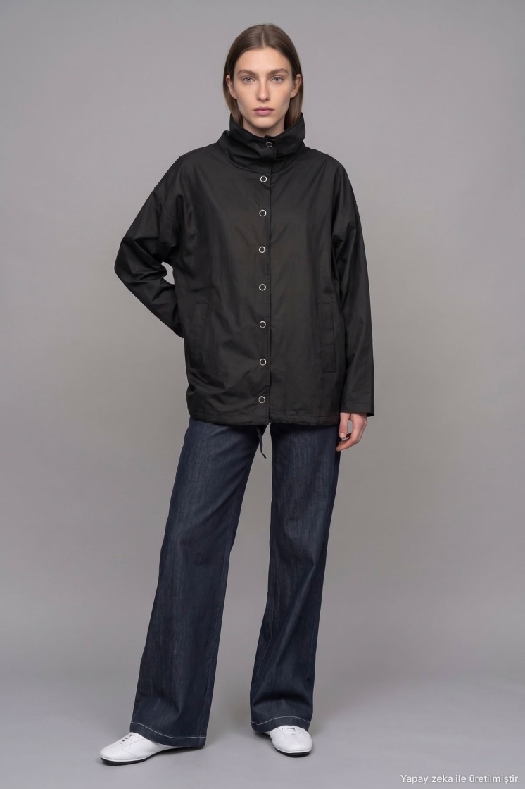 Dik Yaka Çıtçıtlı Oversize Siyah Ceket - 4