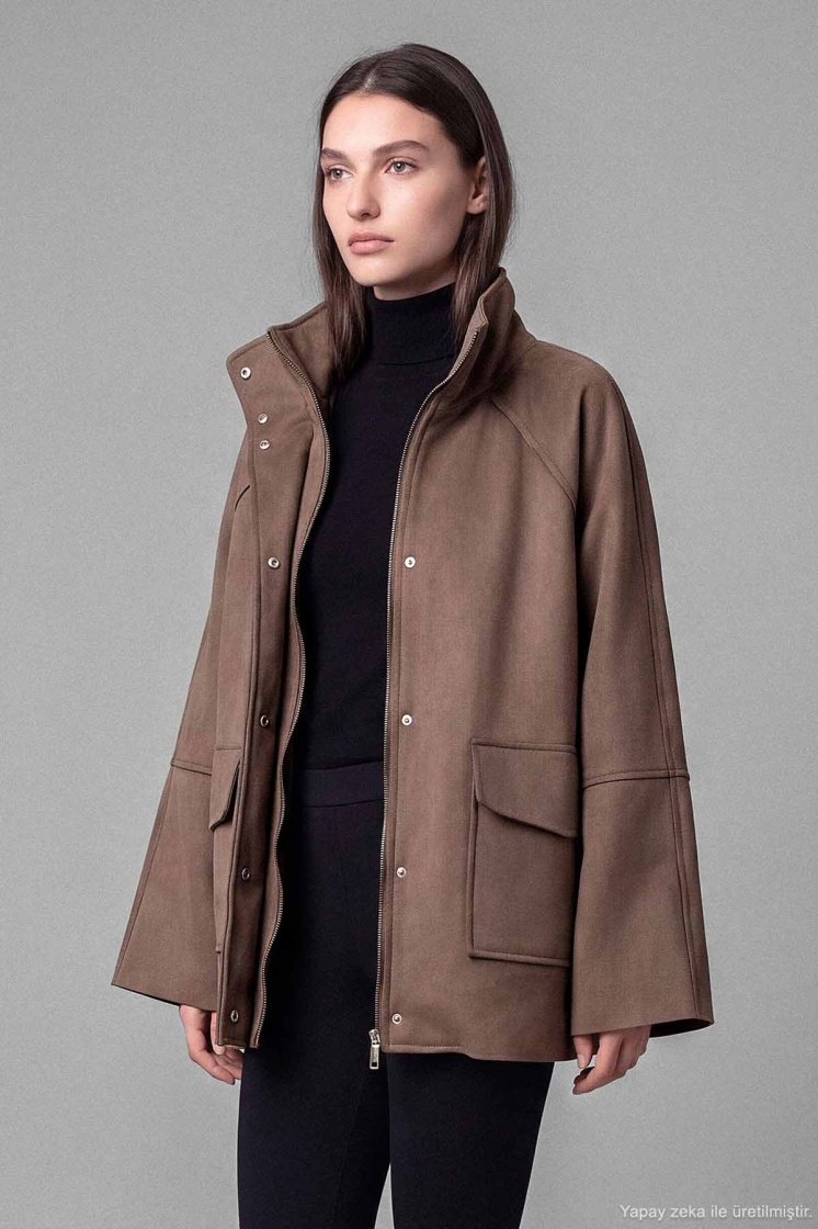 Dik Yaka Detaylı Süet Vizon Mont - 5