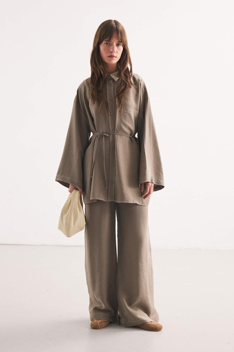 Dikiş Detaylı Rahat Vizon Pantolon Takım