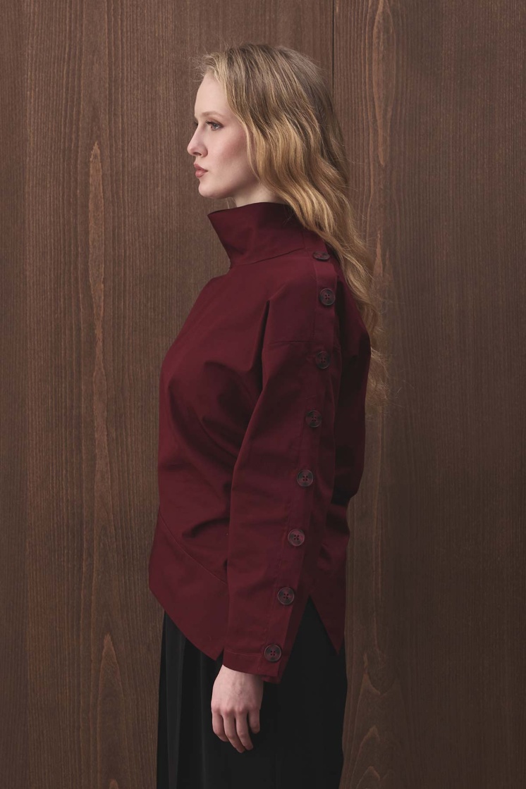 Düğme Detaylı Asimetrik Bordo Bluz