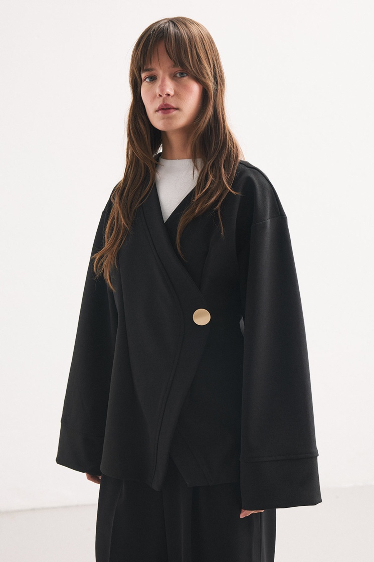 Düğme Detaylı Siyah Kimono Bluz