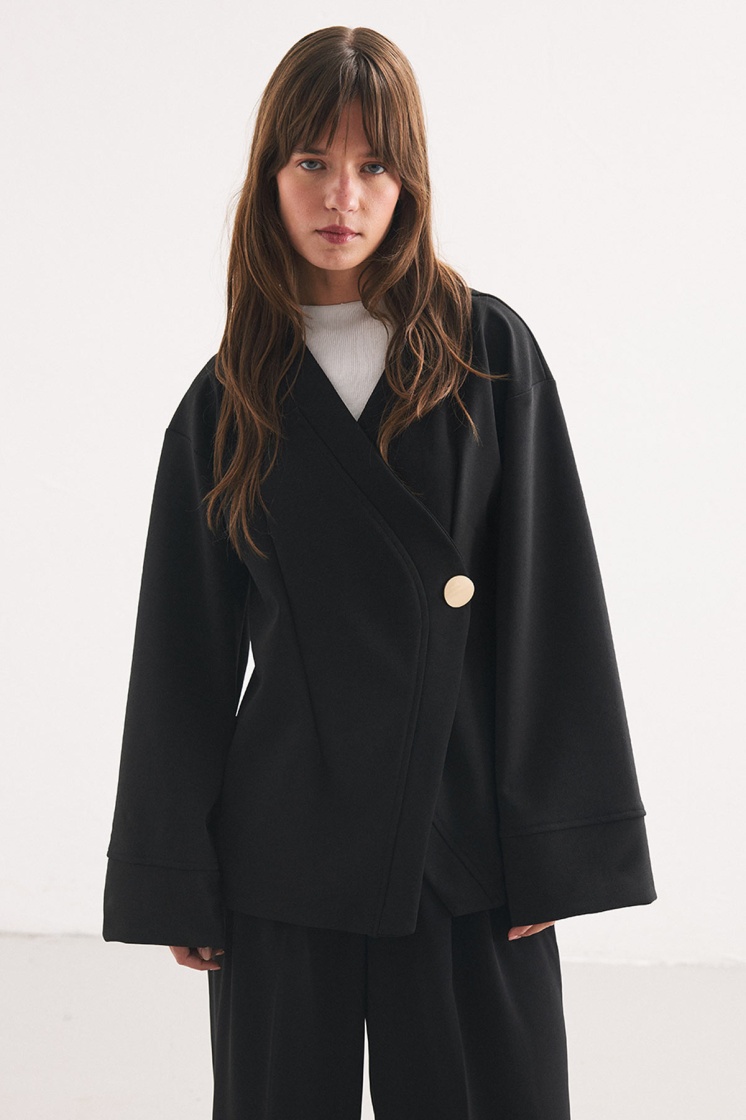 Düğme Detaylı Siyah Kimono Bluz - 5