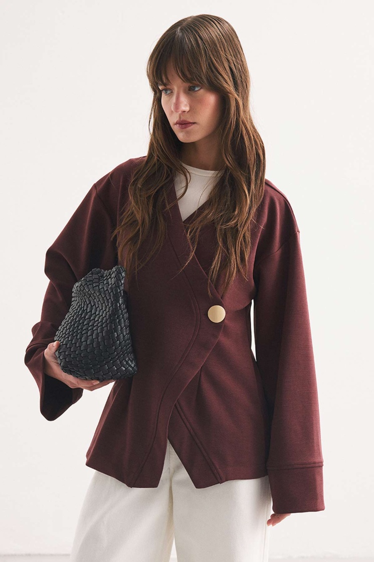 Düğme Detaylı Vişne Kimono Bluz