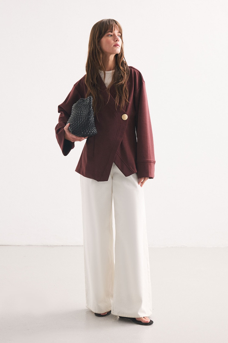 Düğme Detaylı Vişne Kimono Bluz