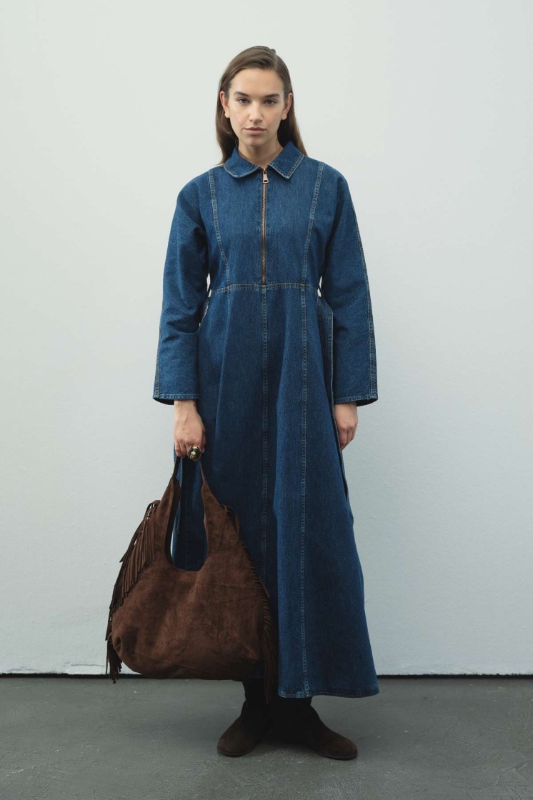 Fermuar Detaylı Denim Kot Mavi Elbise
