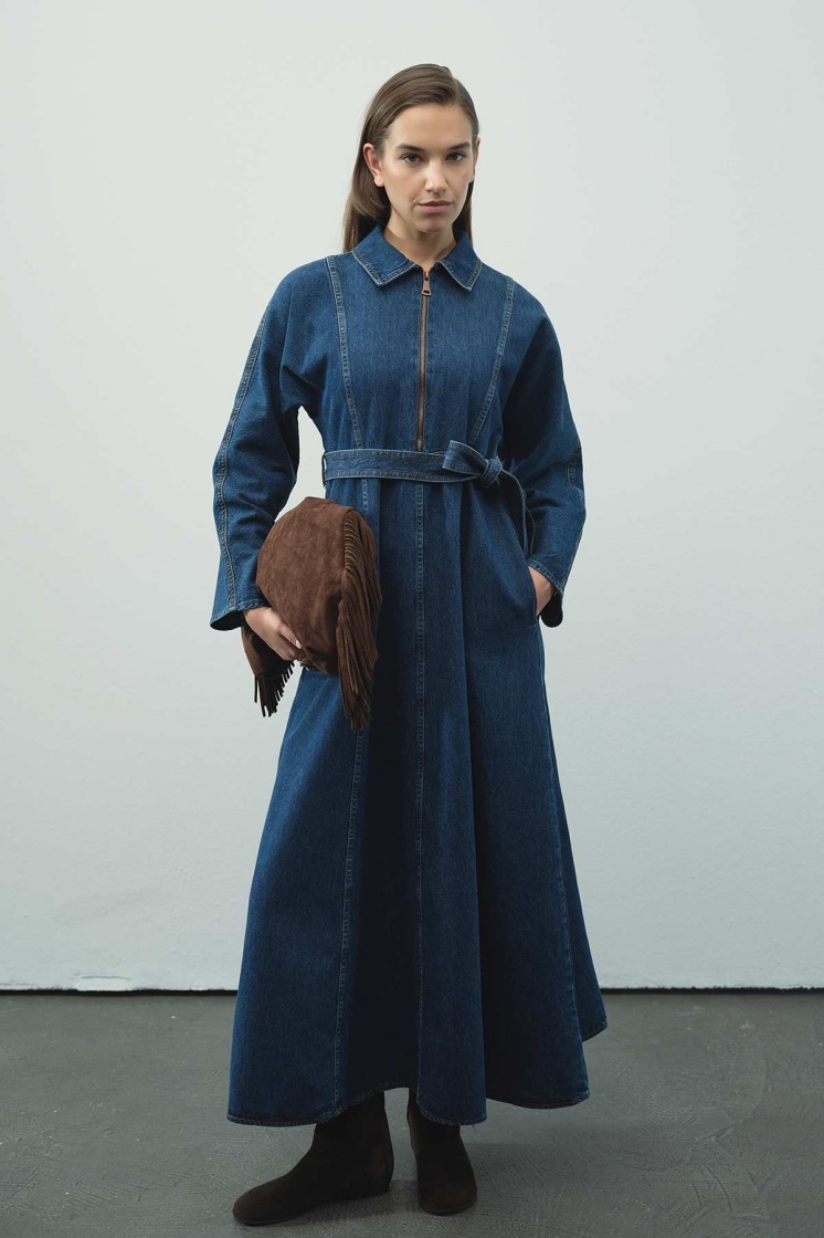 Fermuar Detaylı Denim Kot Mavi Elbise