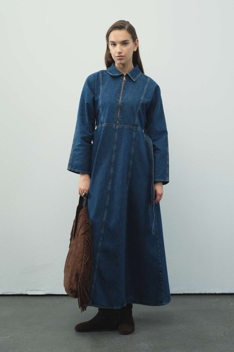 Fermuar Detaylı Denim Kot Mavi Elbise