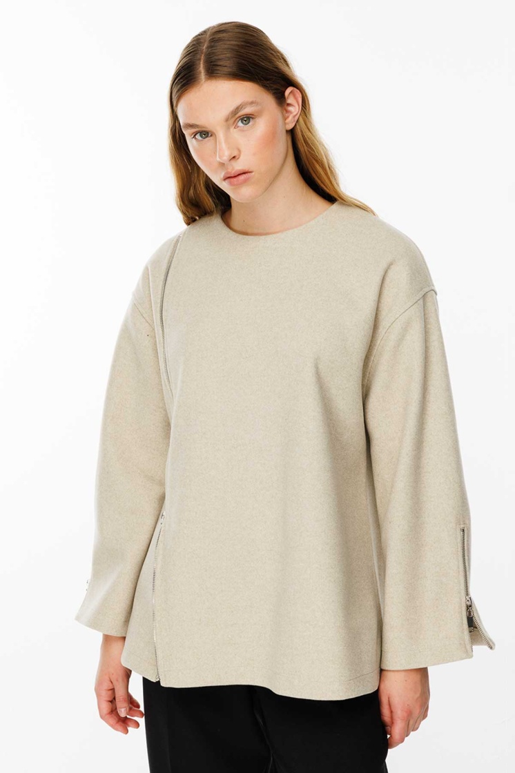 Fermuar Detaylı Kaşe Bej Sweatshirt