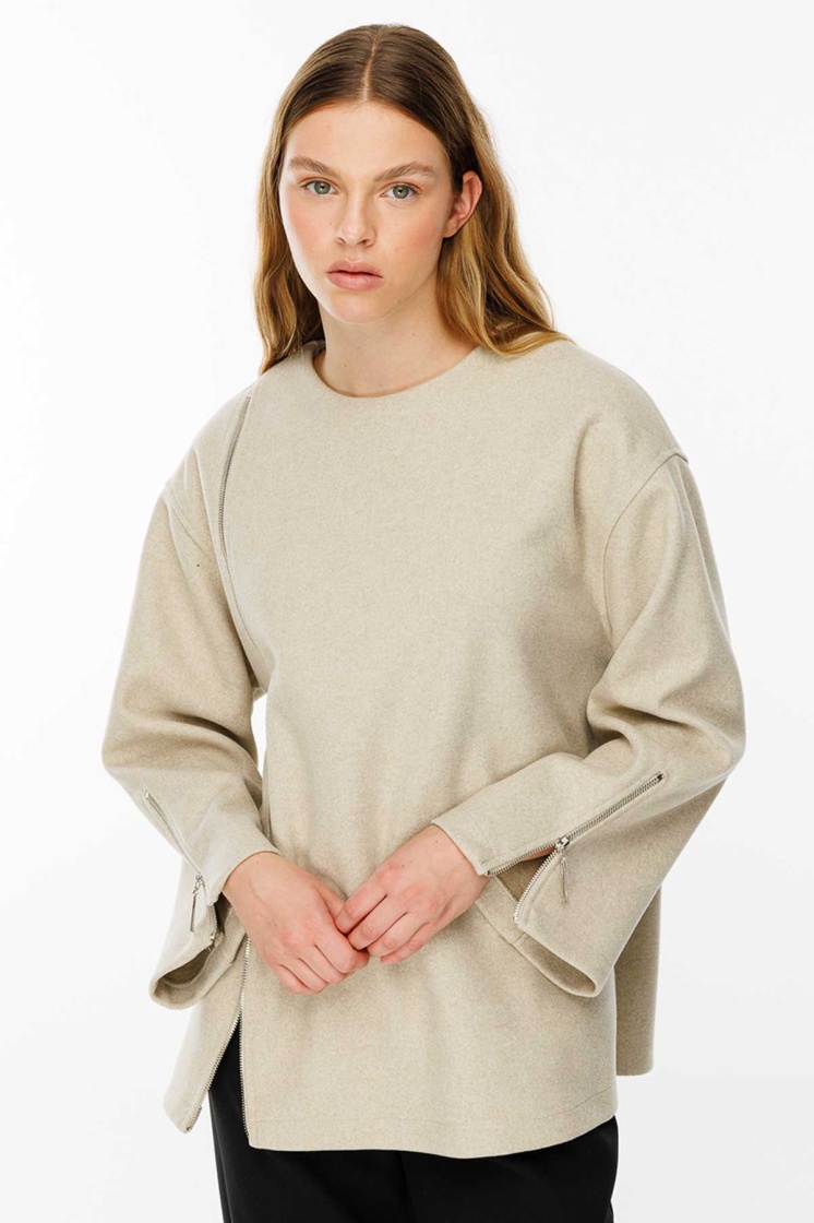 Fermuar Detaylı Kaşe Bej Sweatshirt