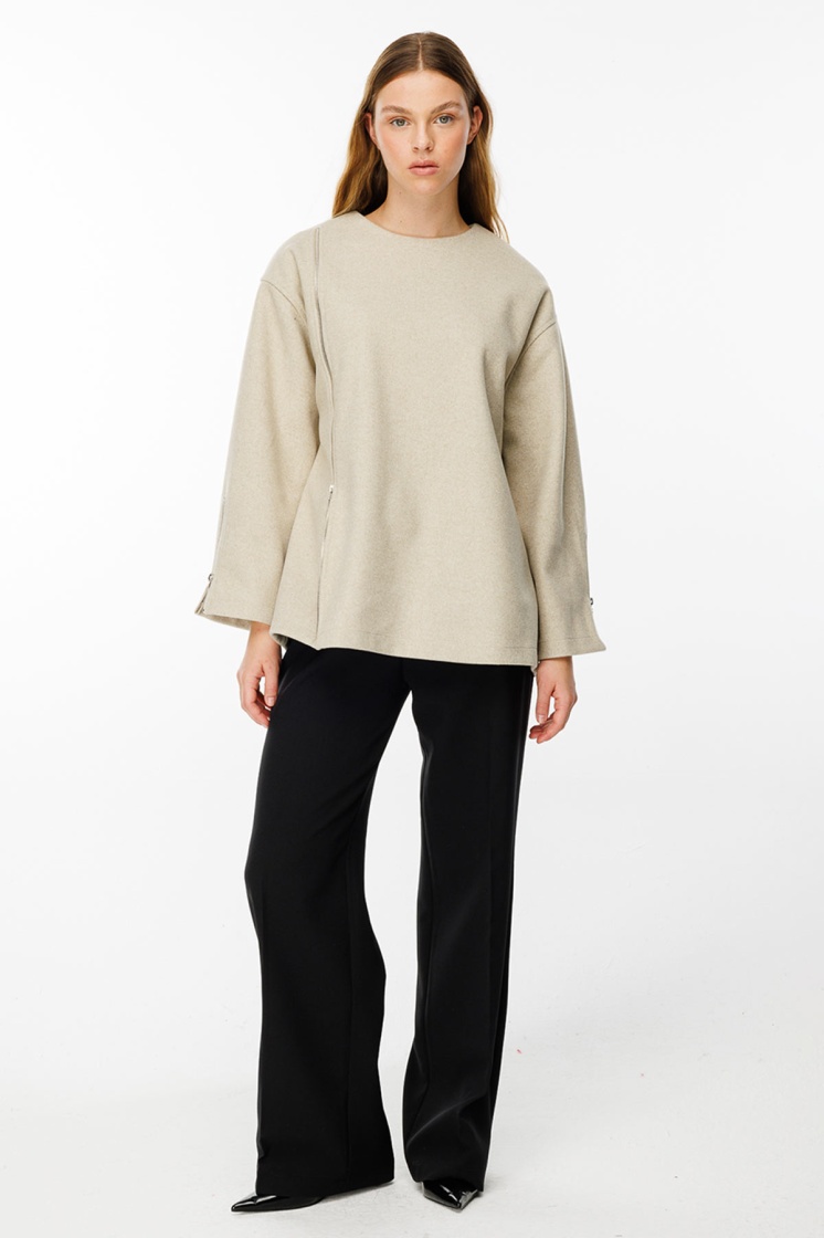 Fermuar Detaylı Kaşe Bej Sweatshirt