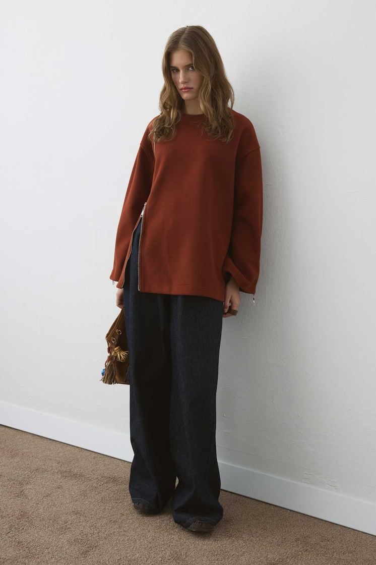 Fermuar Detaylı Kaşe Kiremit Sweatshirt