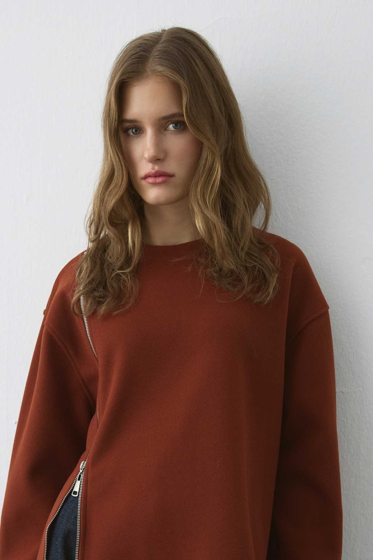 Fermuar Detaylı Kaşe Kiremit Sweatshirt
