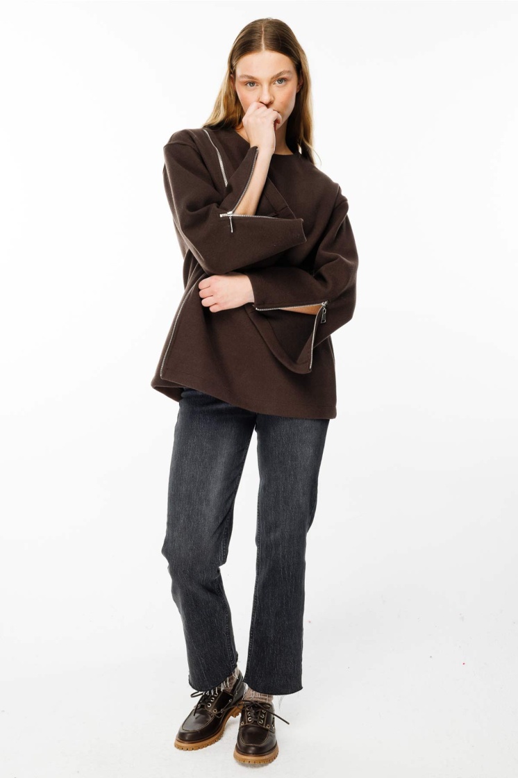 Fermuar Detaylı Kaşe Koyu Kahve Sweatshirt
