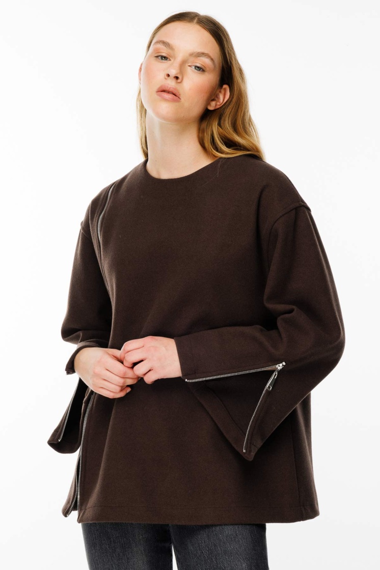 Fermuar Detaylı Kaşe Koyu Kahve Sweatshirt