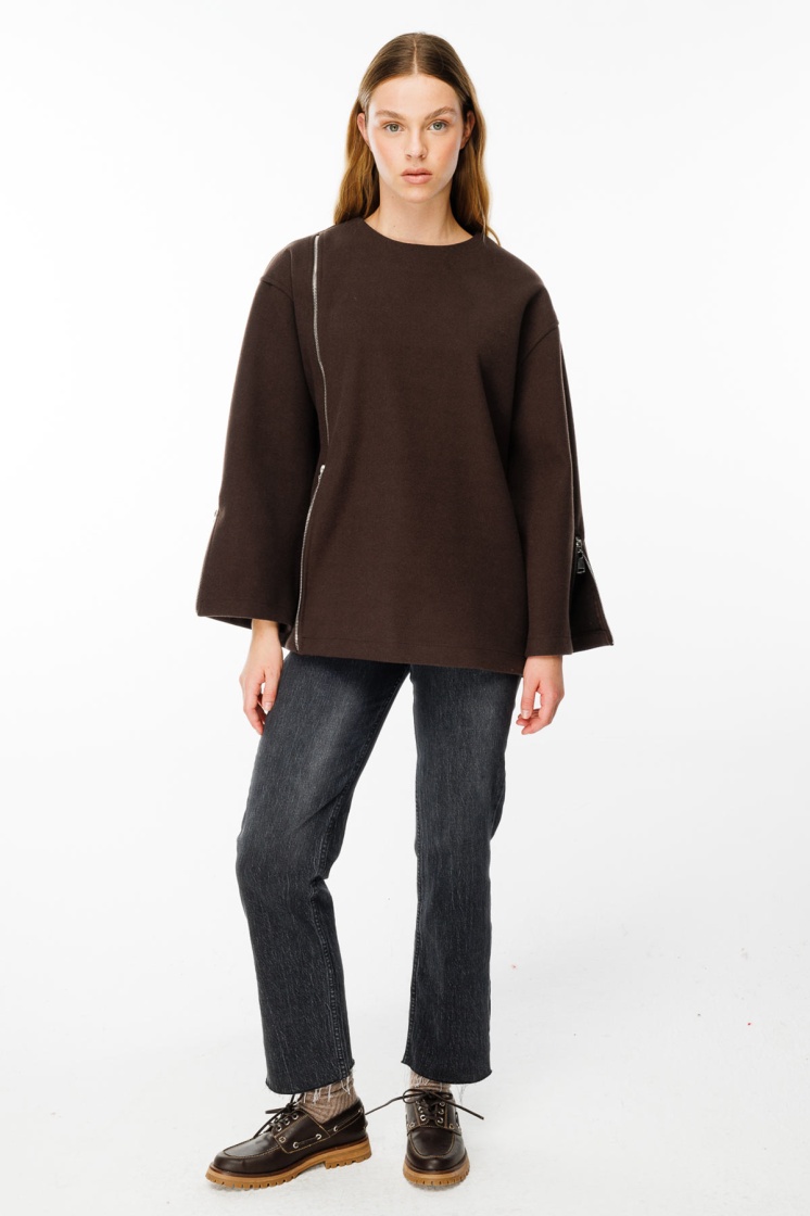 Fermuar Detaylı Kaşe Koyu Kahve Sweatshirt
