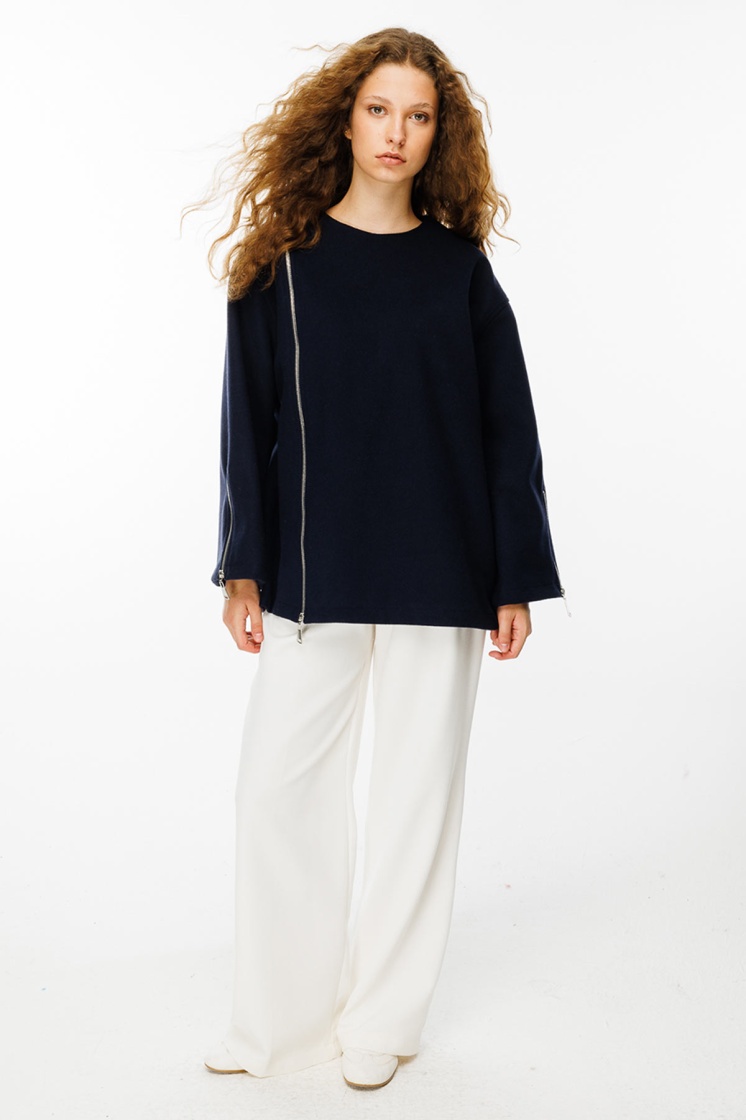 Fermuar Detaylı Kaşe Lacivert Sweatshirt