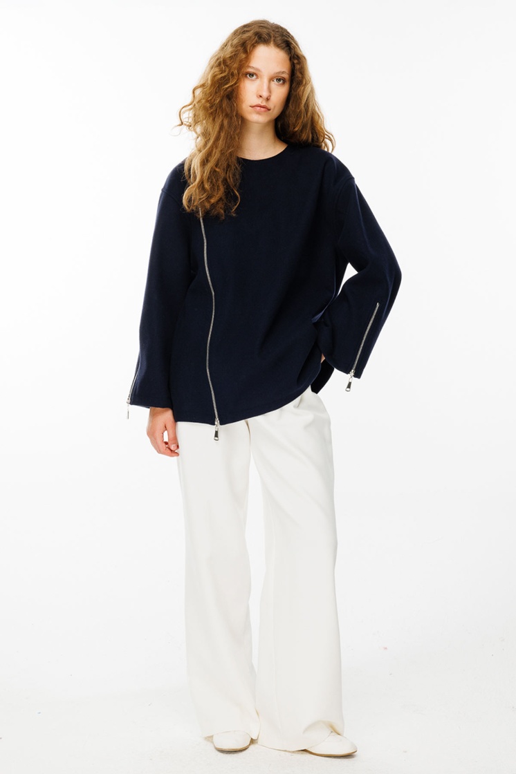 Fermuar Detaylı Kaşe Lacivert Sweatshirt