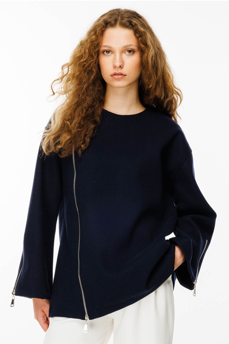Fermuar Detaylı Kaşe Lacivert Sweatshirt