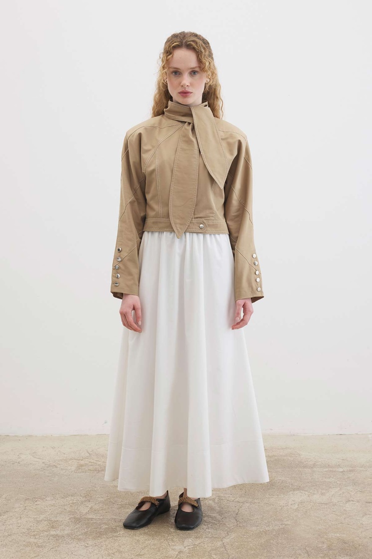 Fular Bağlamalı Kısa Camel Ceket