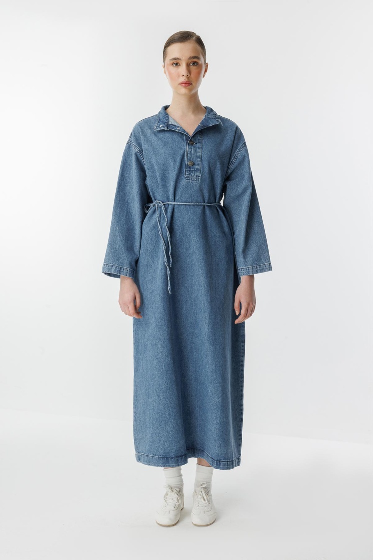 Gina Yaka Detaylı Açık Mavi Denim Elbise - 3