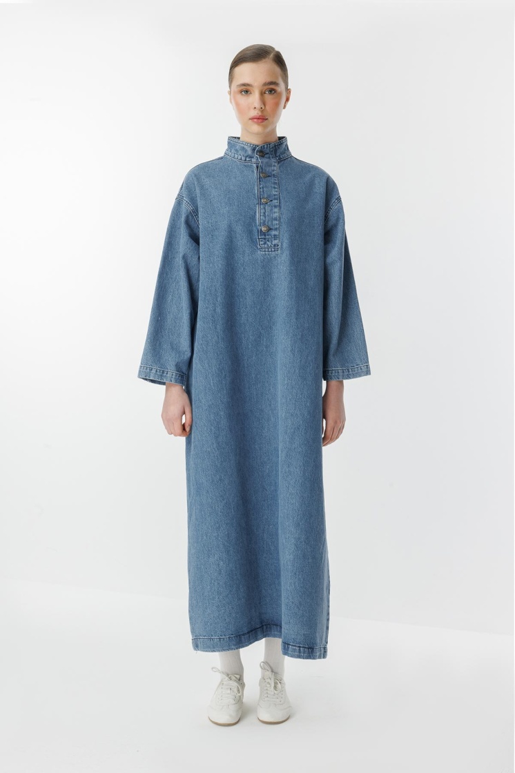 Gina Yaka Detaylı Açık Mavi Denim Elbise - 5