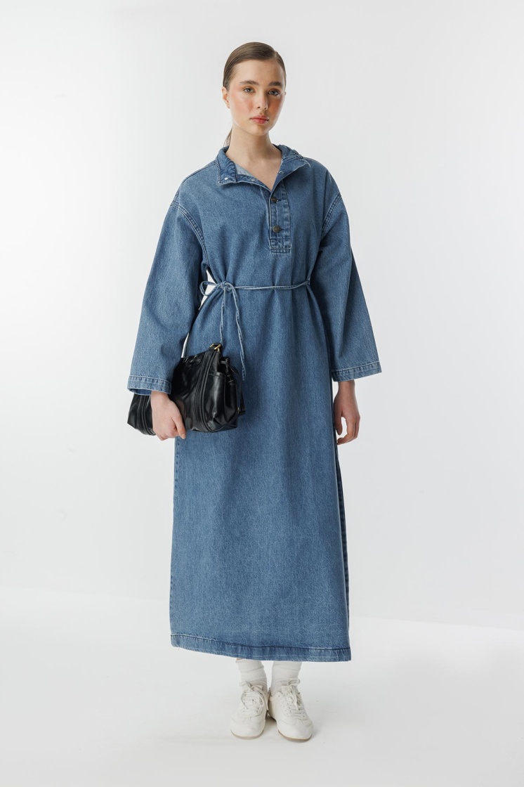 Gina Yaka Detaylı Açık Mavi Denim Elbise